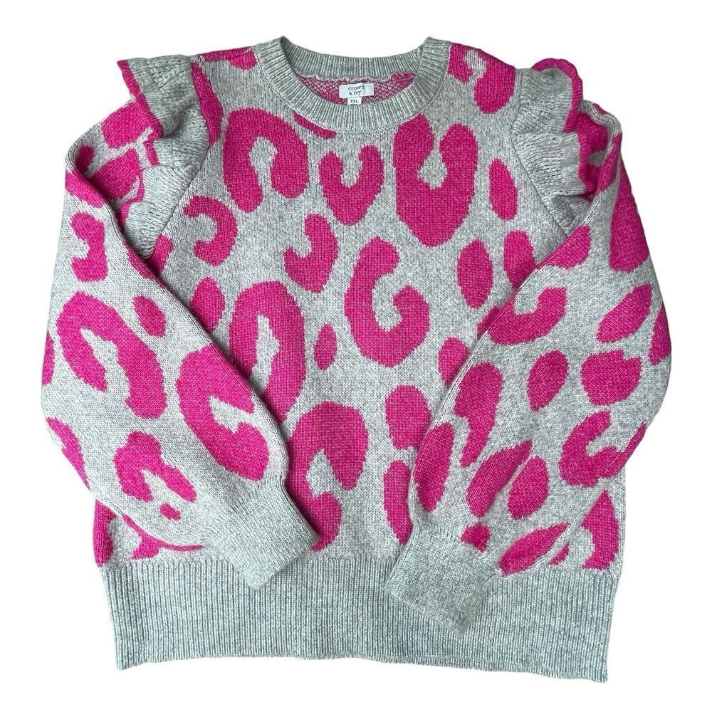 Crown & Ivy Women's Sweater XXL Leopard Print Ruffle Kidcore Dollette‎ Soft Cozy